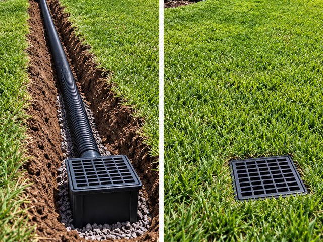 Underground drainage before and after: a downspout connected to a buried drain line and catch basin in a trench, then the lawn restored with only the grate showing