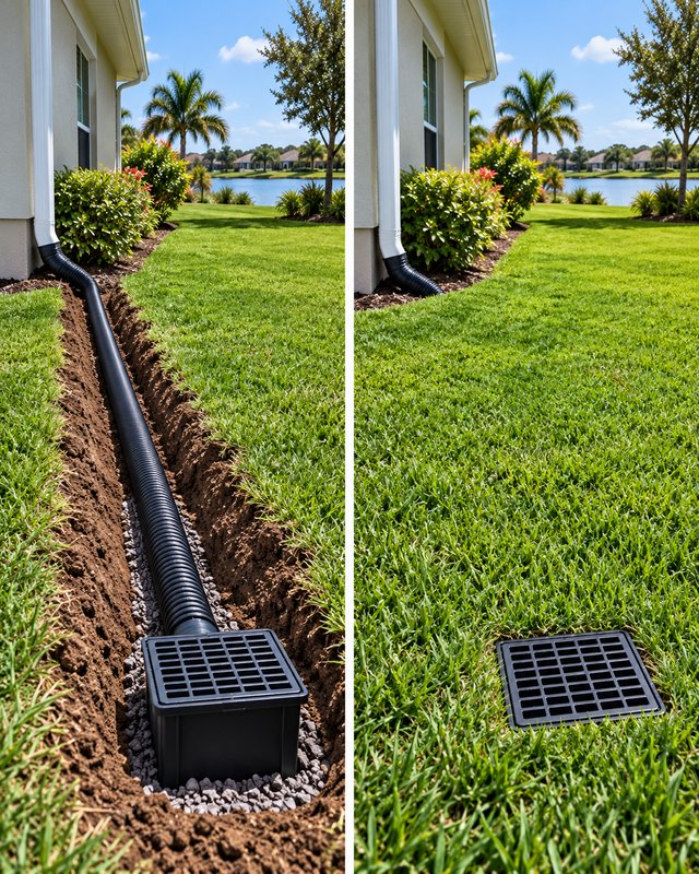 Underground drainage before and after: a downspout connected to a buried drain line and catch basin in a trench, then the lawn restored with only the grate showing