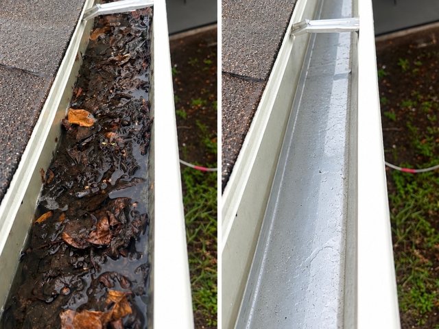 A gutter before and after cleaning: packed with wet leaves on the left, clear and clean on the right