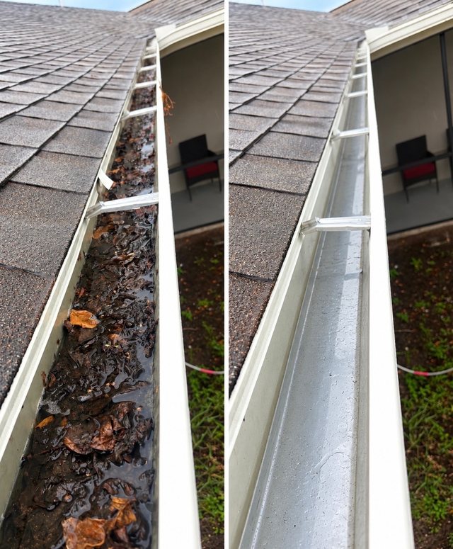 A gutter before and after cleaning: packed with wet leaves on the left, clear and clean on the right